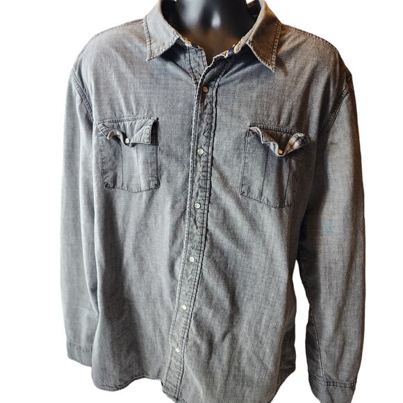 Levis Shirt Mens Large Gray Long Sleeve Pearl Snap Denim Look Distressed Rugged - Picture 1 of 11